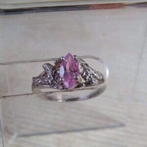 Pink October Marquise Cut Gemstone Etched Leaf Silver Small Pinky Ring Size 3.5
